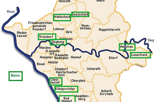 Karte des Kirchenkreises An Sieg und Rhein, markiert sind die Gemeinden mit BK-Pfarrern